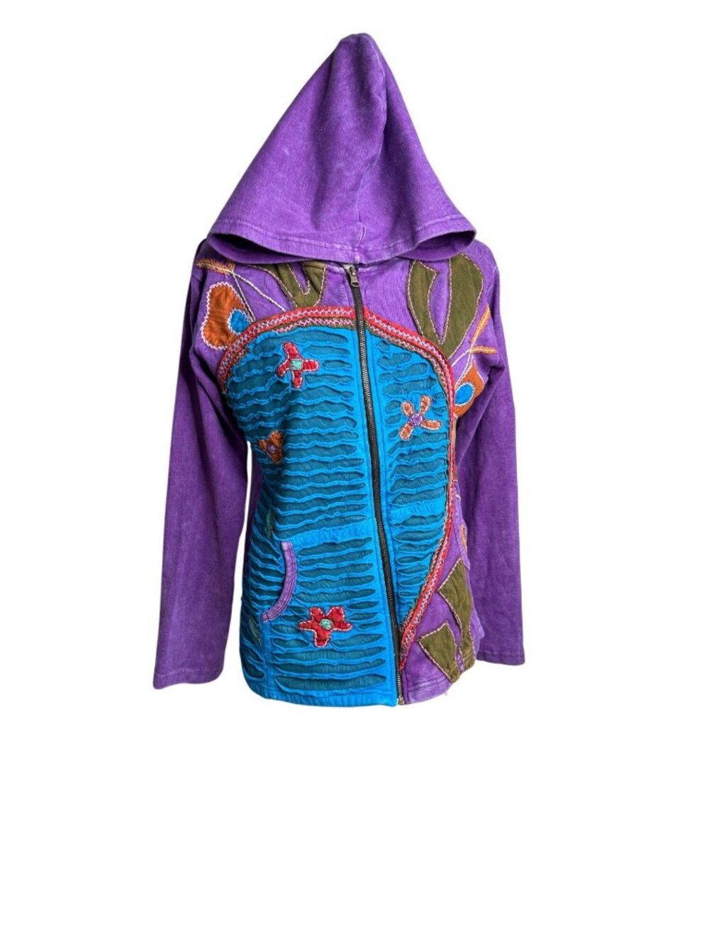 Art to Wear patchwork Cotton Embroidered Hoodie Jacket M boho Hippie Festival